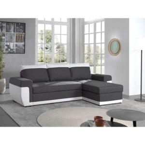 Milan - Canapé d'angle réversible - 4 places - Convertible avec coffre - En simili et tissu Couleur - Blanc / Gris